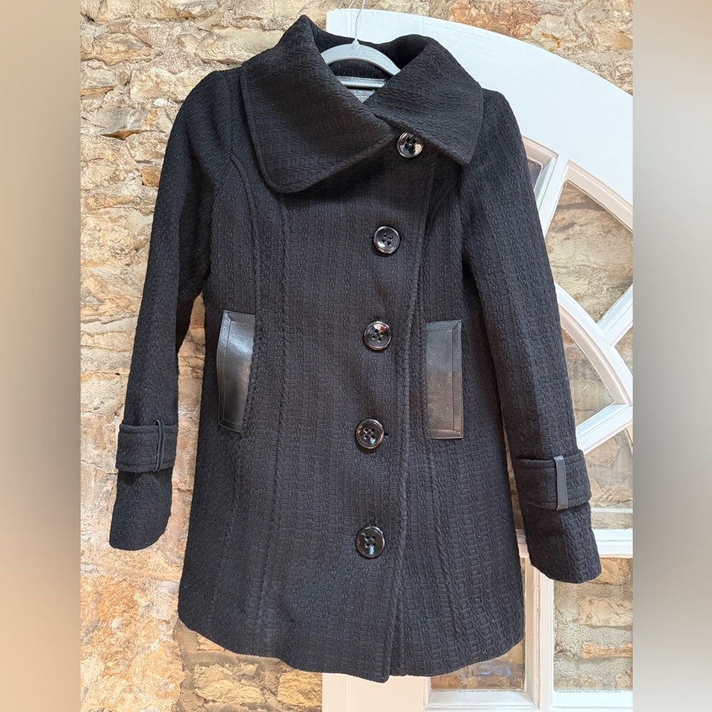 Women’s Mackage Black Pea Coat with Leather Trim